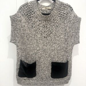 Gray Knit Sweater with Black Leather Accents